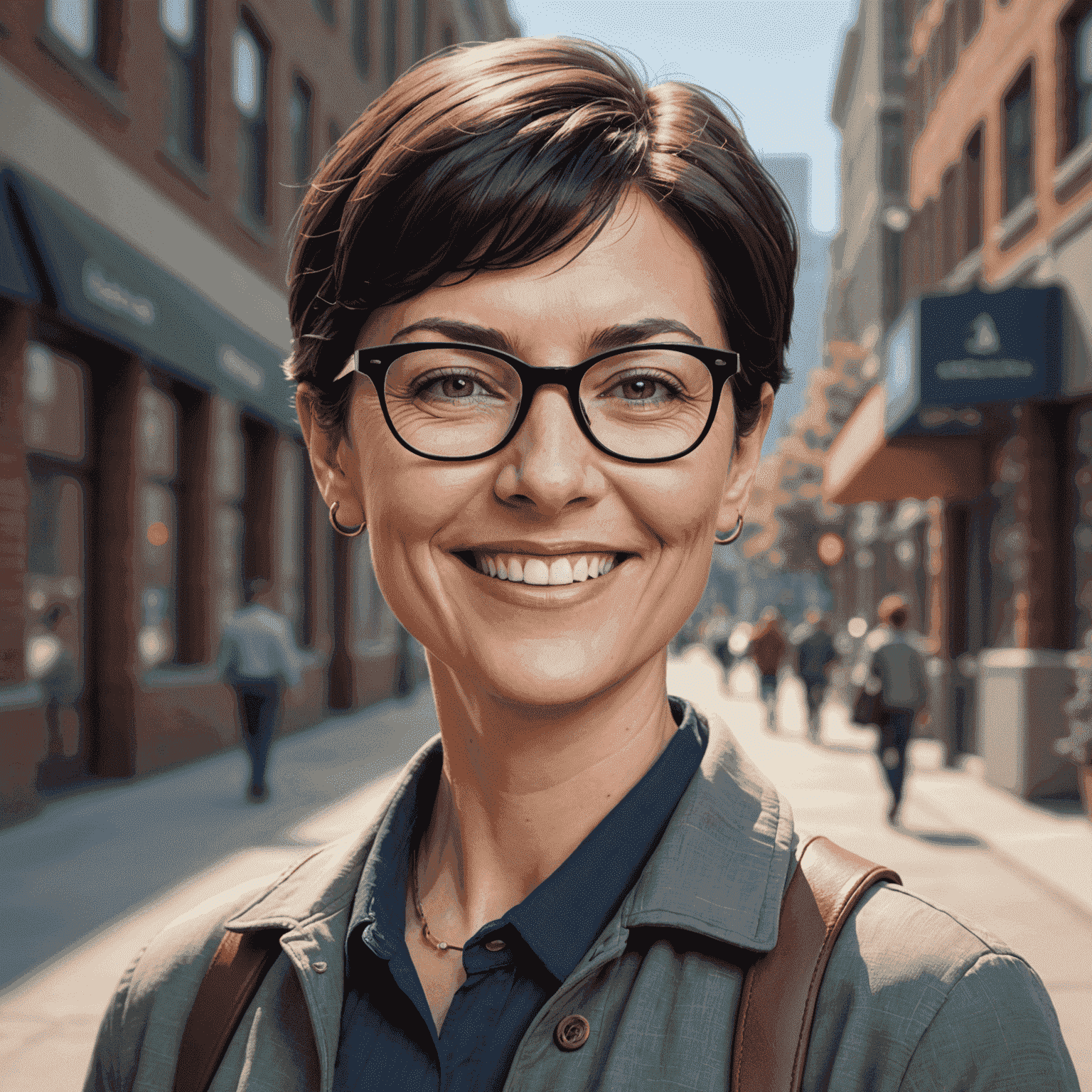 Portrait of Jane Doe, an urban planner with short dark hair and glasses, smiling confidently