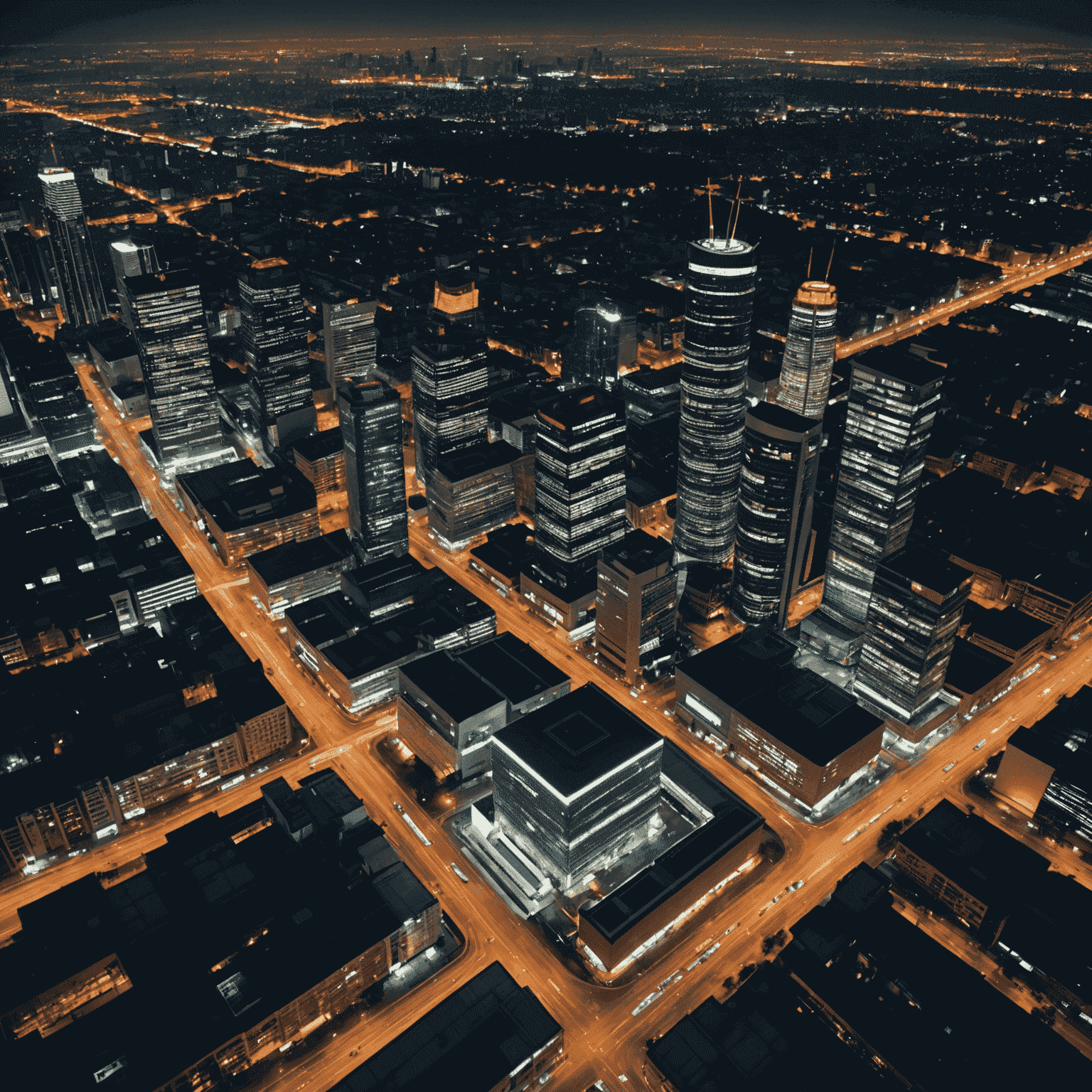 Aerial view of Johannesburg skyline at night, showcasing modern infrastructure and illuminated smart city technologies