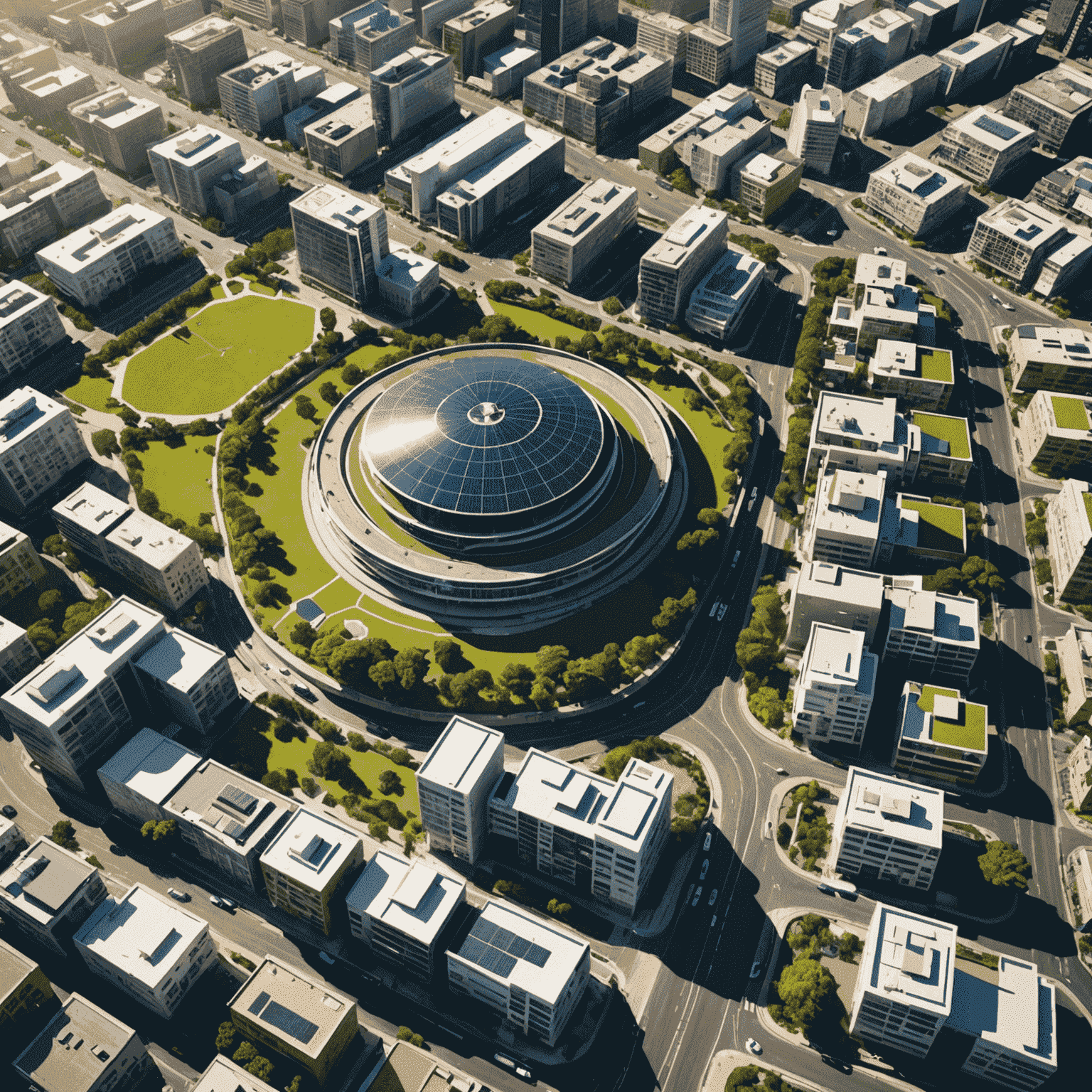 Aerial view of Cape Town's urban landscape showcasing sustainable development projects, including green spaces, solar panels, and efficient public transportation systems