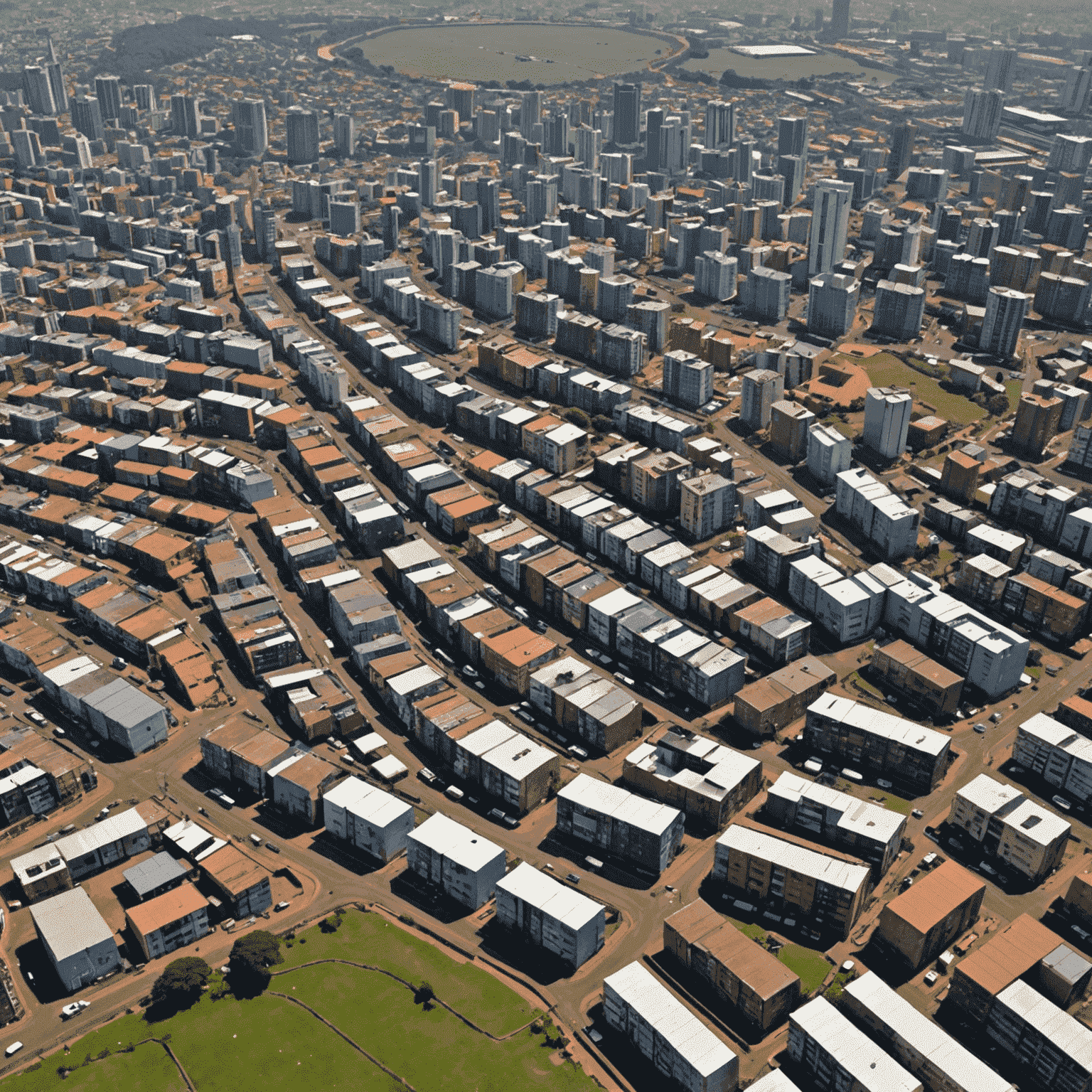 Aerial view of Durban's cityscape showing a mix of modern buildings and informal settlements, highlighting the contrast in urban development