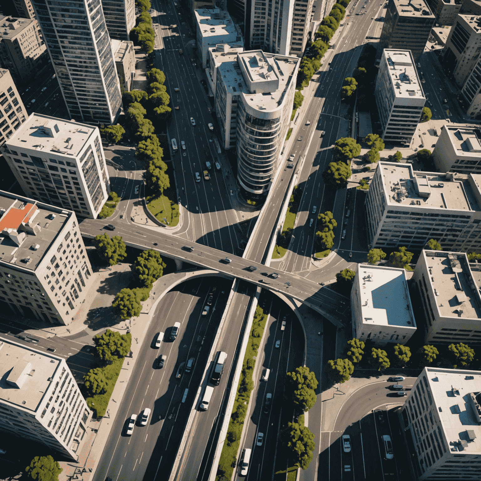 Aerial view of a modern South African city with advanced transportation systems, including electric buses, bike lanes, and smart traffic management