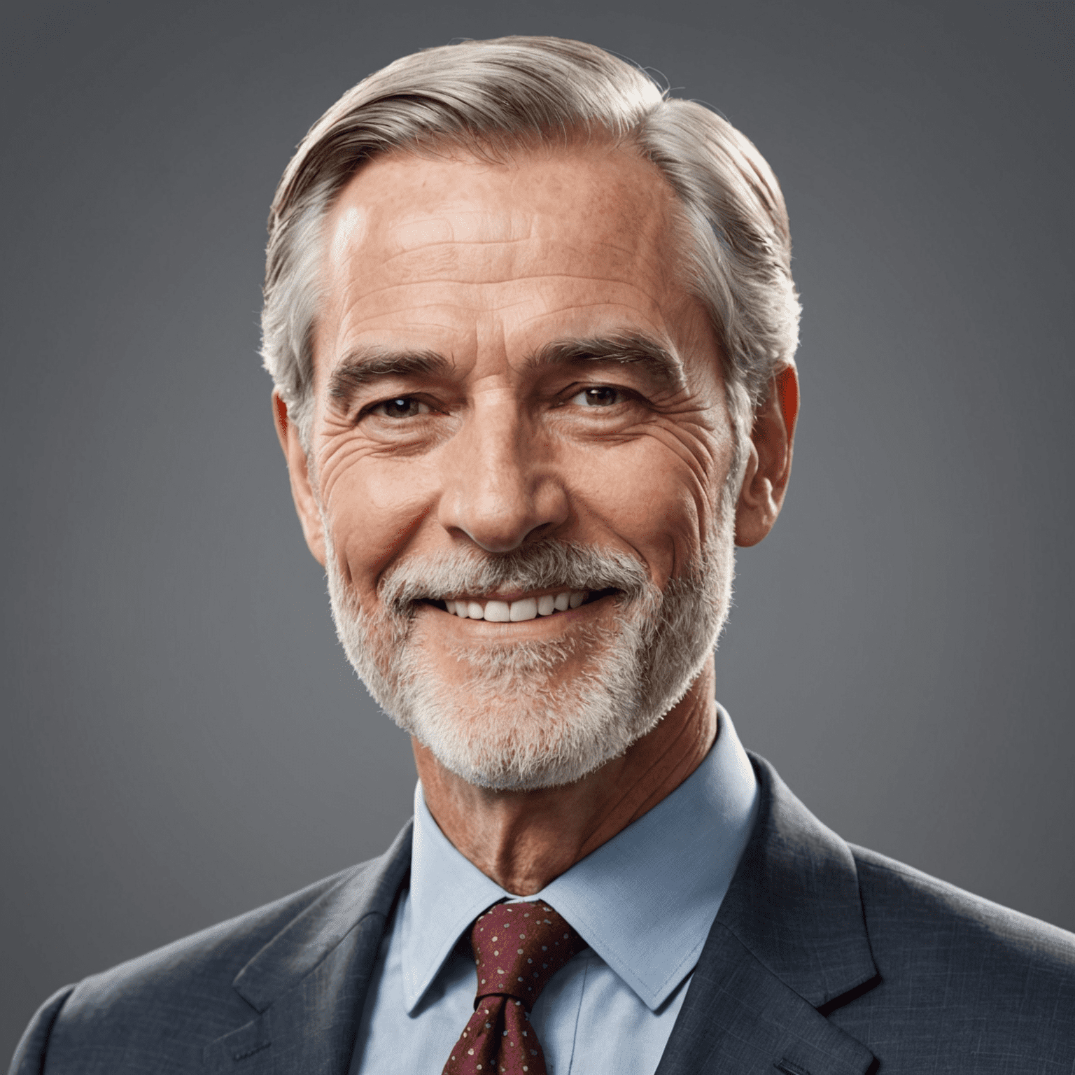 Portrait of John Smith, an economist with greying hair and a friendly smile, wearing a suit