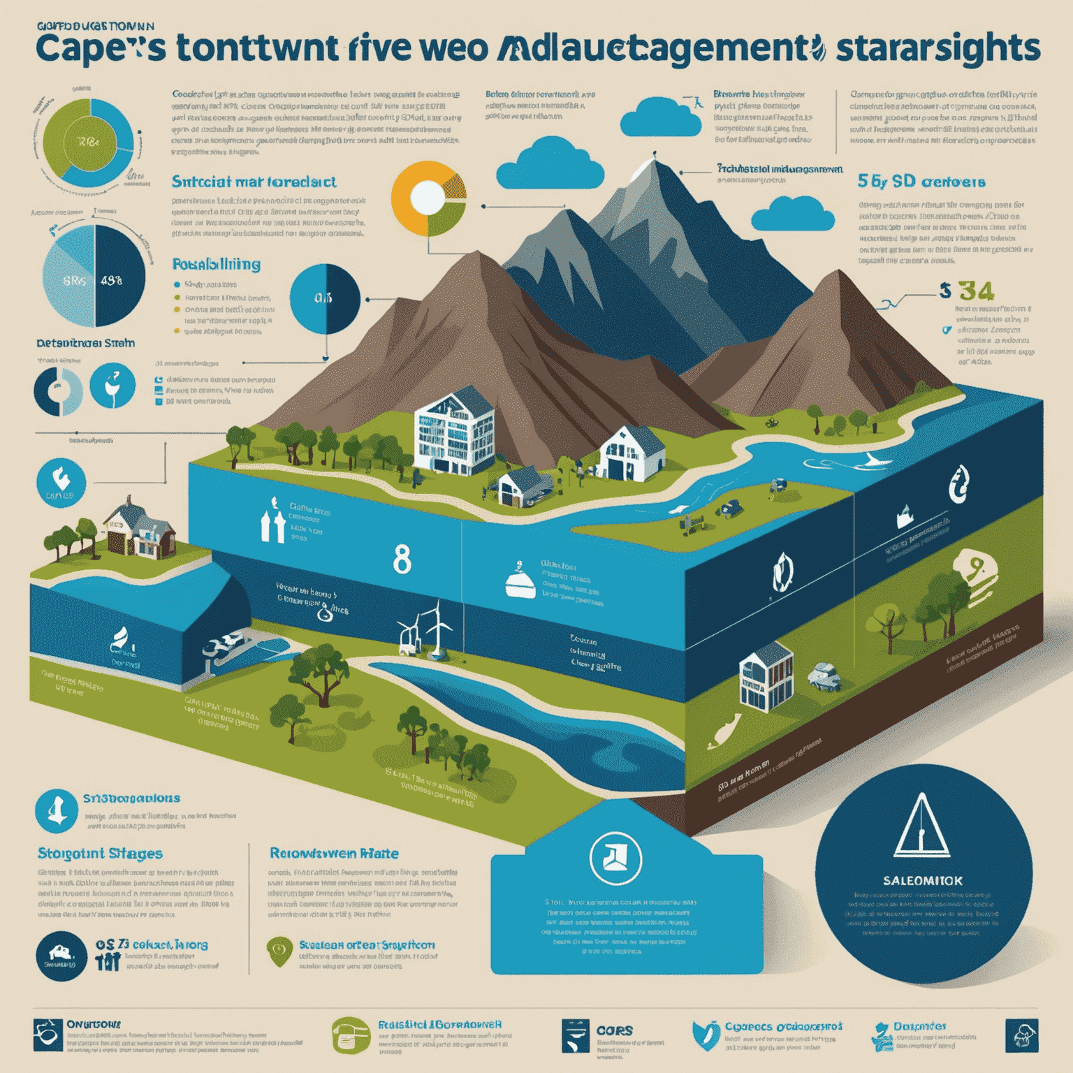 Infographic showing Cape Town's resource management strategies, including water usage reduction, renewable energy adoption rates, and waste recycling statistics