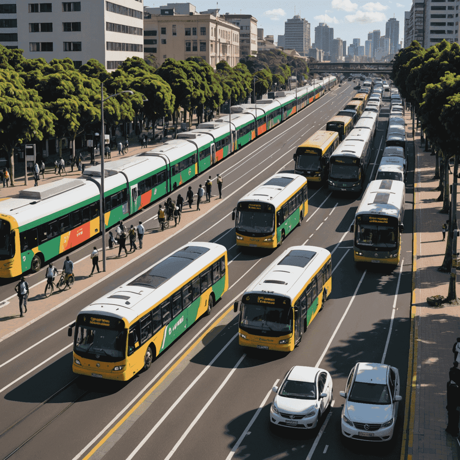 Durban's integrated public transportation system showing buses, trains, and newly implemented bike lanes