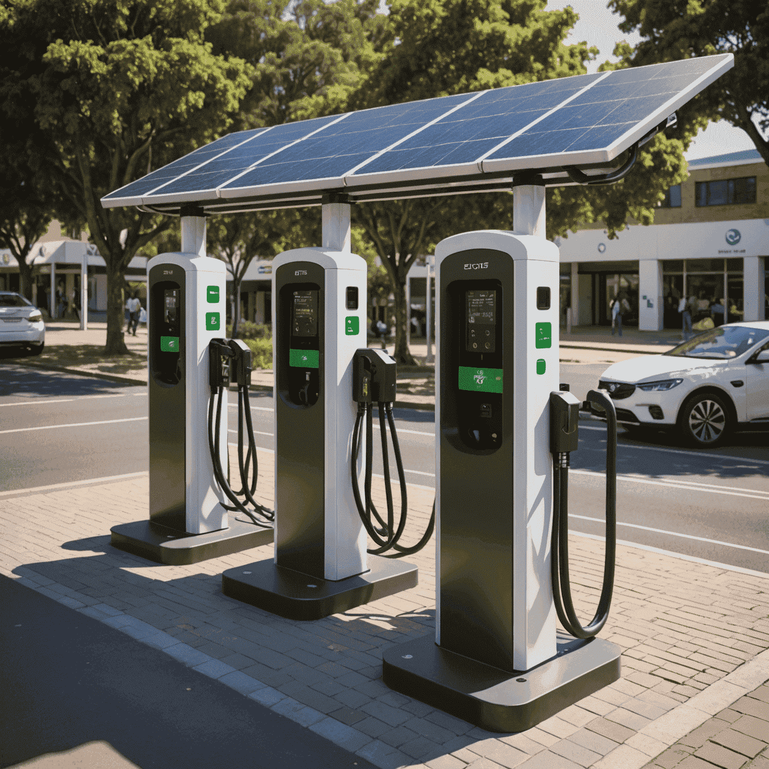 Electric vehicle charging station in a South African city with solar panels and smart grid integration