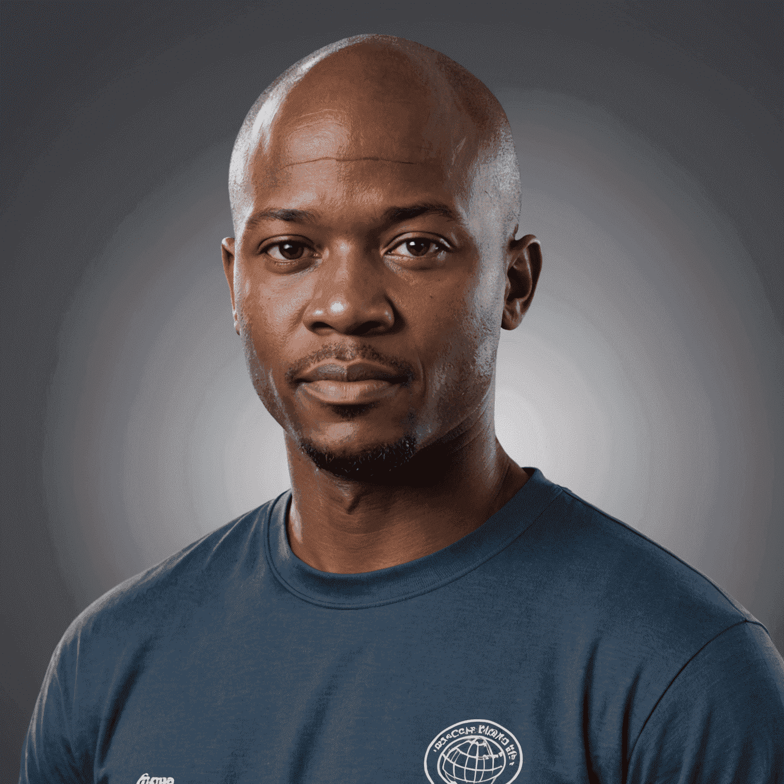 Portrait of Themba Nkosi, a technology expert with a shaved head and a serious expression, wearing a tech company t-shirt