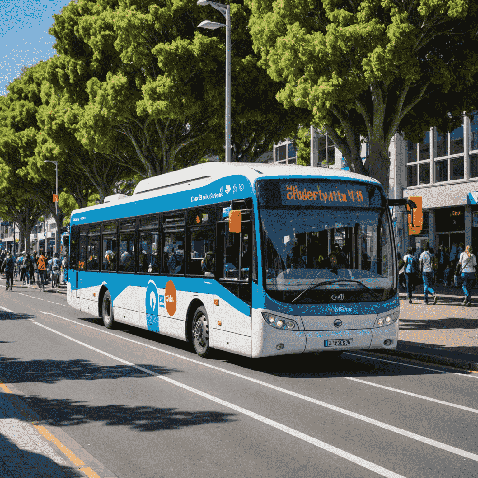 Cape Town's modern MyCiTi bus at a station, with cyclists using adjacent bike lanes and pedestrians walking on wide, tree-lined sidewalks