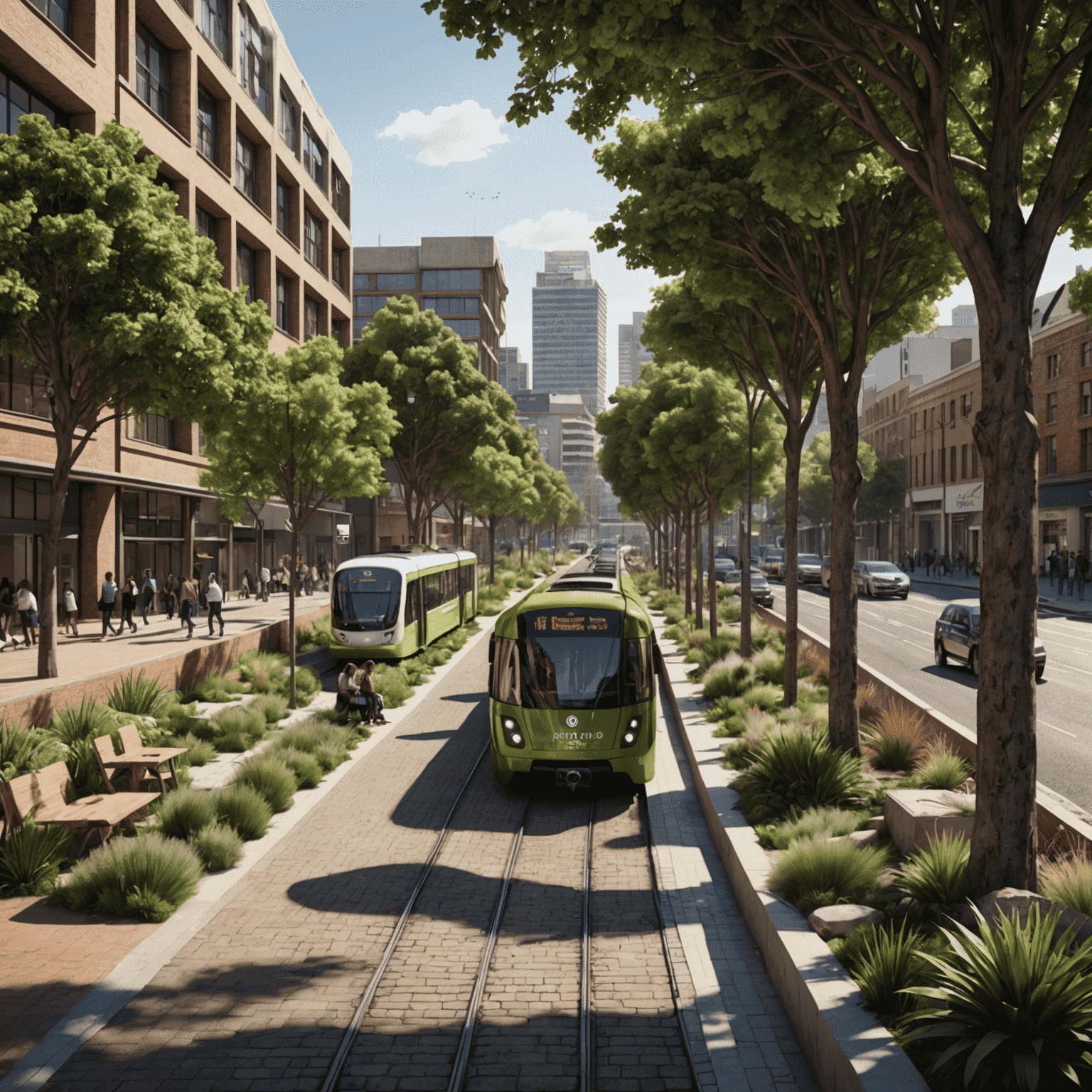 Sustainable urban development in a South African city featuring green spaces, pedestrian zones, and integrated public transport